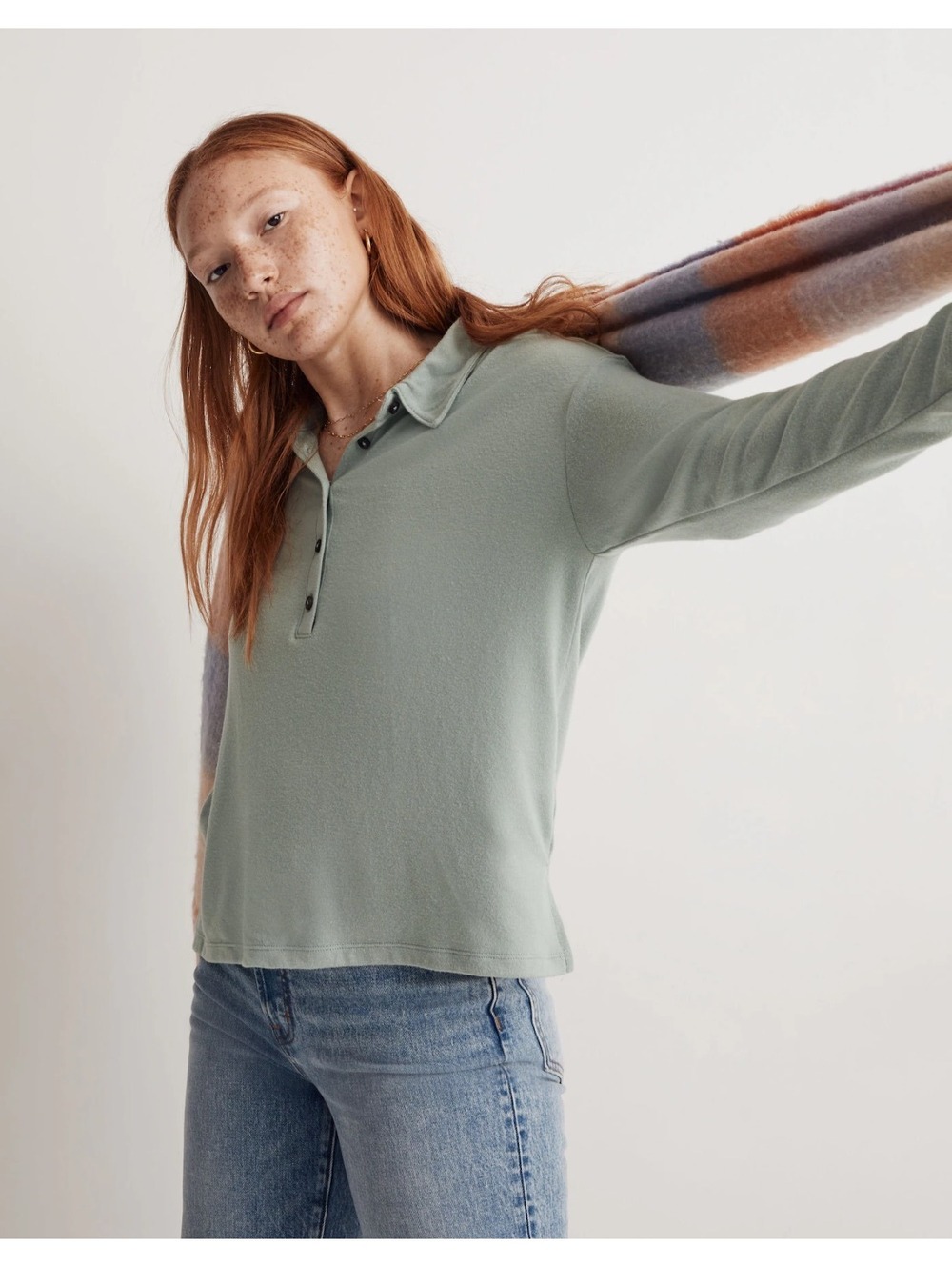 NWOT Madewell Women’s XS Sage Green Long Sleeve Henley Polo Soft Knit Top